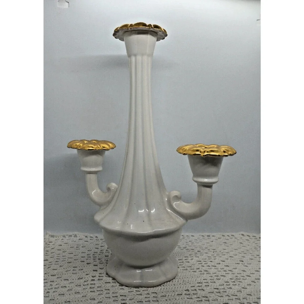 MCM MADDUX of CALIFORNIA Ceramic White Gold 3 Candle Taper 12 